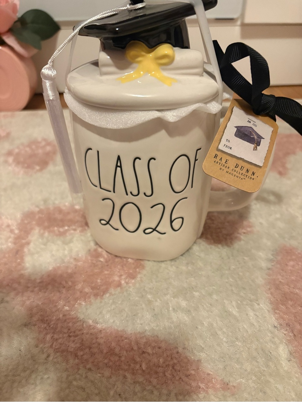 Rae Dunn White Ceramic "Class of 2026" Mug with Black Cap and Yellow Bow